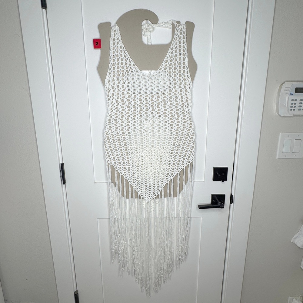 White Crochet Fringe Cover‎ Up Dress Halter Neck Sleeveless Beach Swimsuit L